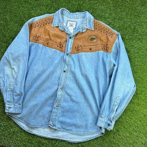 American Vintage Other - American Vintage Light Blue Denim Shirt with Tan Leather Yoke